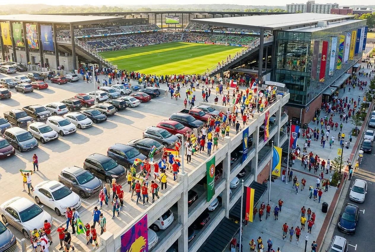 A multi-level parking deck beside a modern stadium in daylight with clear blue skies and fans streaming toward the entrance