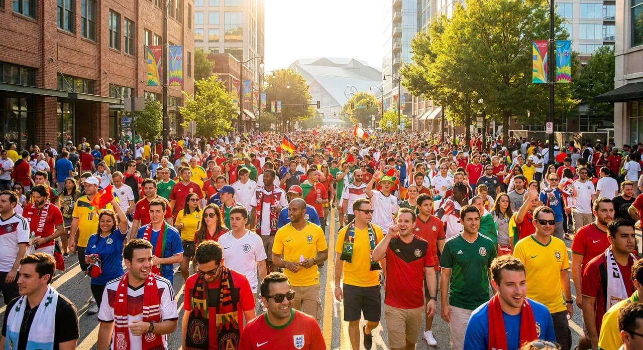 Fans walking a sunny downtown Atlanta street to the stadium with festive flags and jerseys under warm natural light