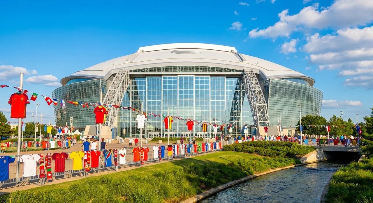 AT&T Stadium's striking modern exterior in Arlington under a clear blue Texas sky
