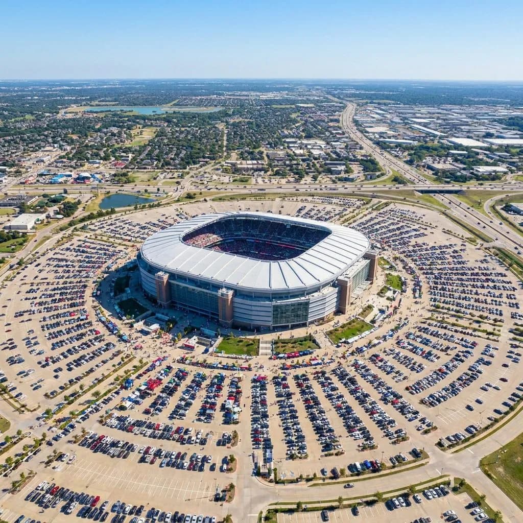 Wide elevated view of AT&T Stadium in Arlington Texas surrounded by vast parking lots under a bright blue sky, sunny and vivid establishing shot