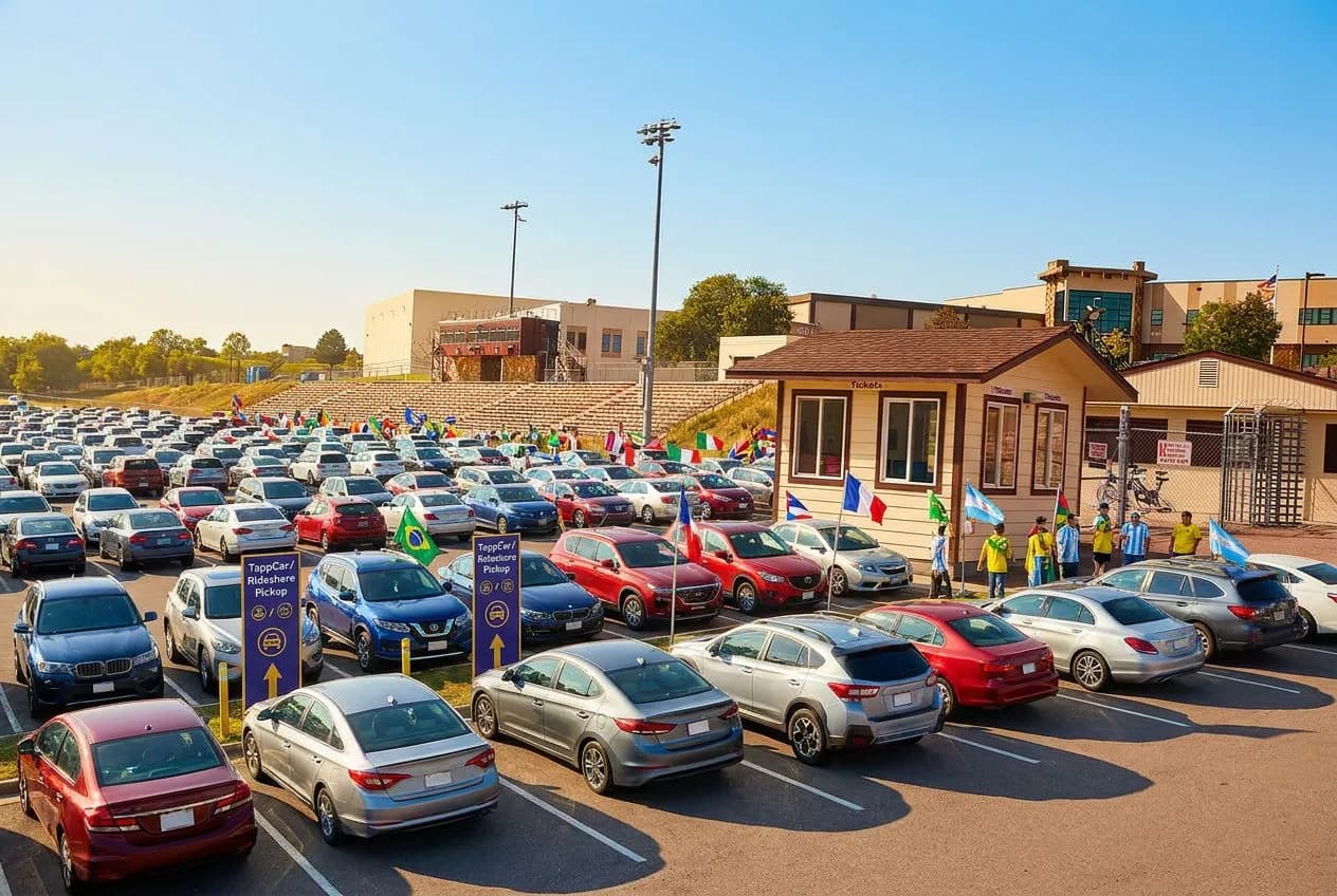 Rows of parked cars in a large sunny stadium parking lot with a rideshare pickup area, bright daylight and clear sky, orderly and vivid