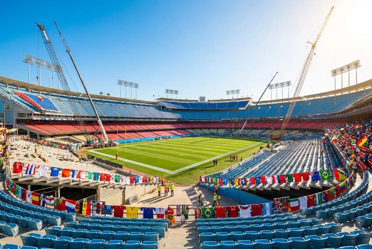 Estadio Azteca's vast bowl under renovation with cranes, fresh seating tiers, and bright blue sky overhead in Mexico City
