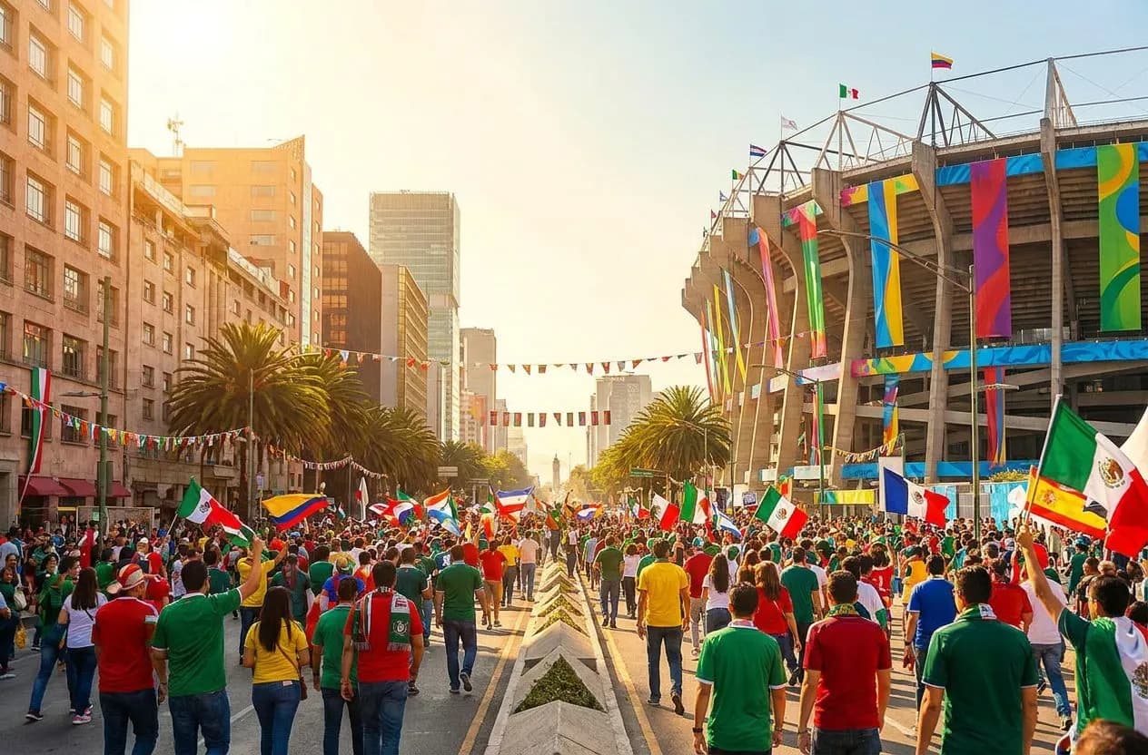 Lively Mexico City street scene near Estadio Azteca with festive flags and warm afternoon sunlight