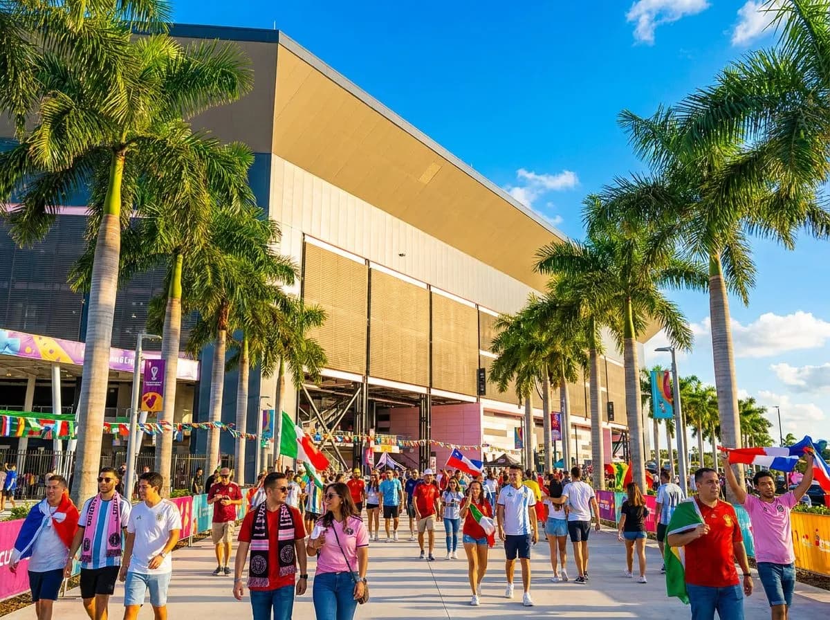 Palm trees framing modern stadium exterior under intense blue Miami sky with colorful flags in breeze