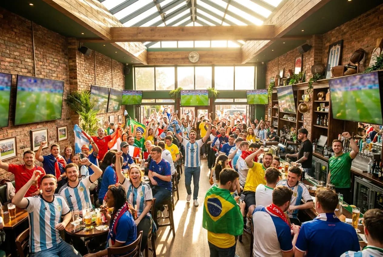 A lively Manhattan sports pub interior packed with fans in colorful jerseys, multiple large screens glowing, warm afternoon light streaming through windows, cheerful World Cup atmosphere.