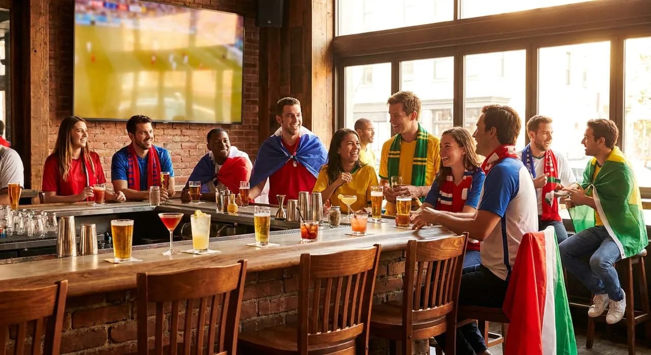 Close-up of a polished New York bar counter lined with craft beers and cocktails, large screen casting a warm glow in the background, bright natural light, festive soccer scarves draped nearby.