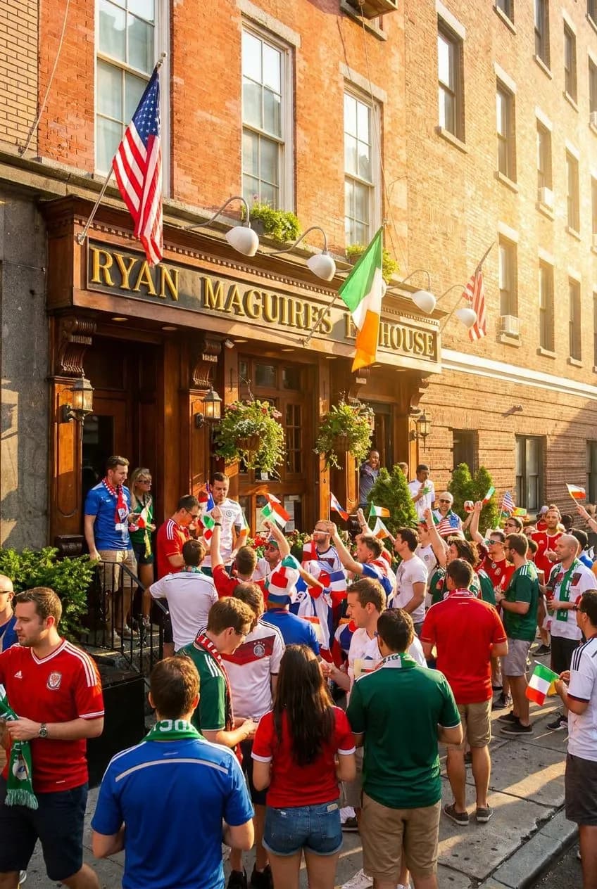 Golden hour street scene in Manhattan showing a bustling pub entrance with outdoor seating, pedestrians in team colors, warm sunlight on brick facades, vibrant city energy.