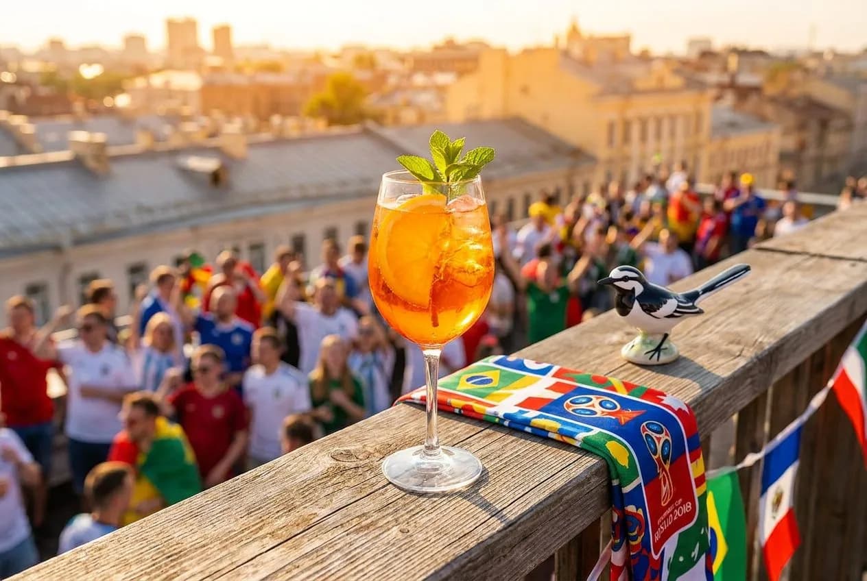 A craft cocktail resting on a rooftop railing with warm city glow behind in bright, vivid natural light and cheerful World Cup atmosphere