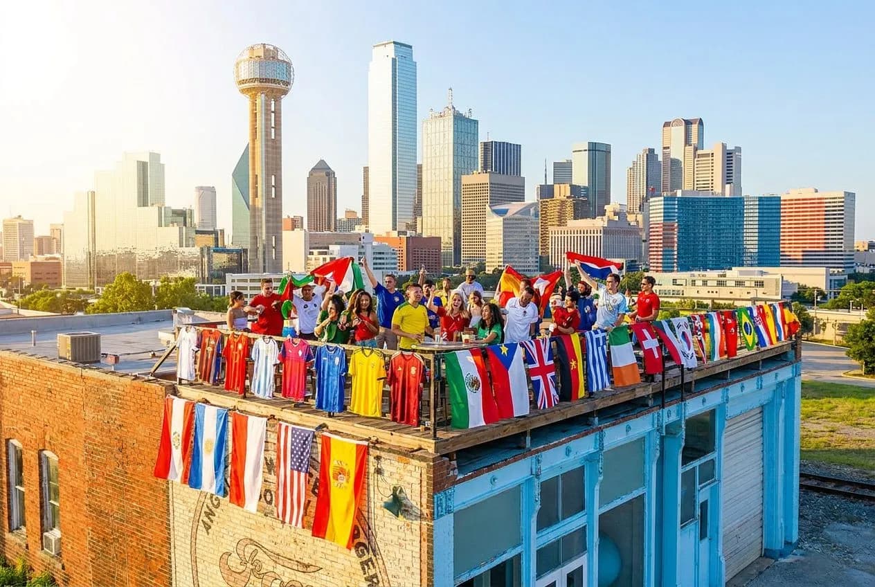 A sunny downtown Dallas skyline from a rooftop terrace by day in bright, warm natural light with photorealistic editorial clarity