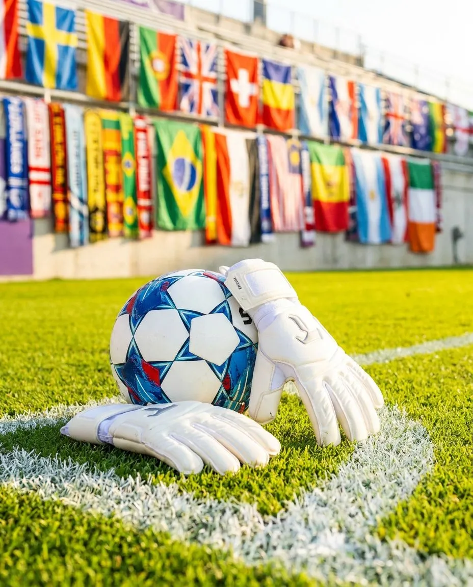 Goalkeeper gloves resting beside a ball on a sunlit goal line, with scarves and flags adding festive World Cup color.
