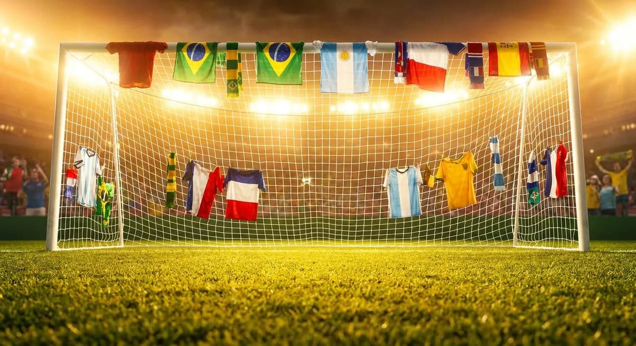 Bright goal mouth and net under stadium floodlights, vivid and cheerful, capturing the drama of knockout football.