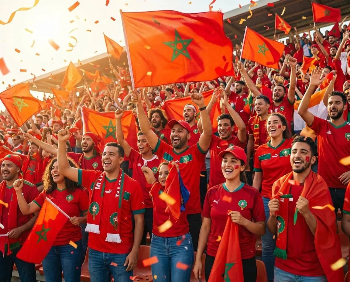 Morocco supporters in red jerseys waving flags in daylight, celebrating their team's historic World Cup journey.