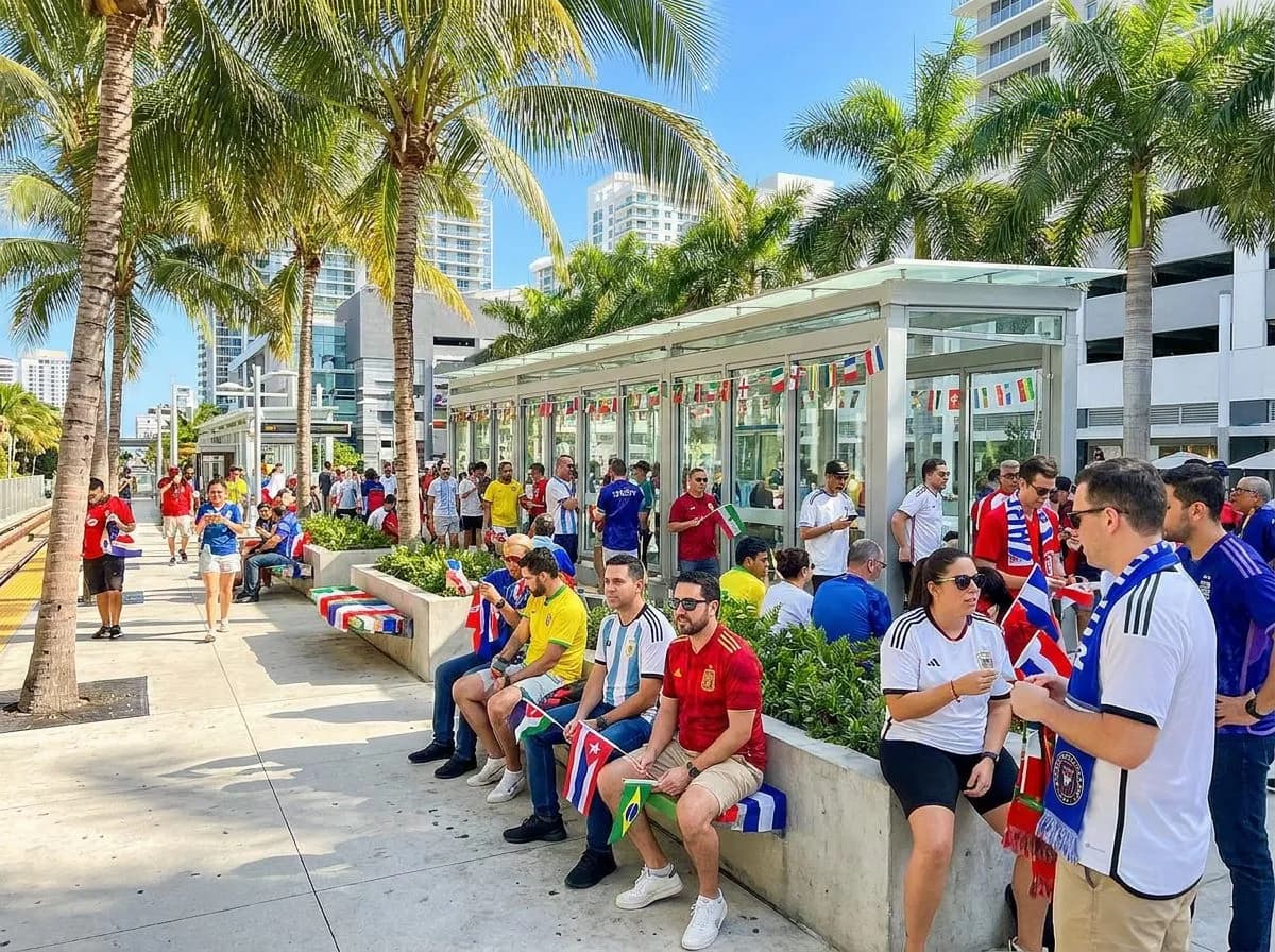 Palm trees lining a Miami transit platform in vivid sunlight, clean modern infrastructure and blue sky overhead