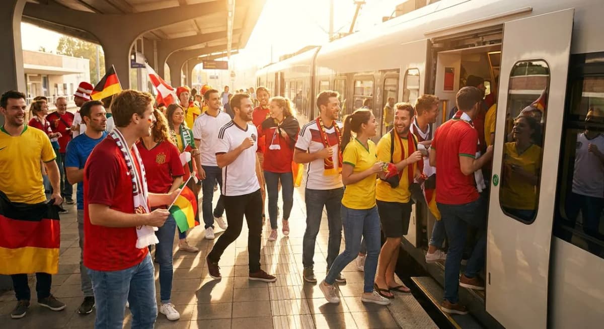 Excited fans in national team jerseys stepping onto a sunlit train, smiles and flags visible in warm natural light