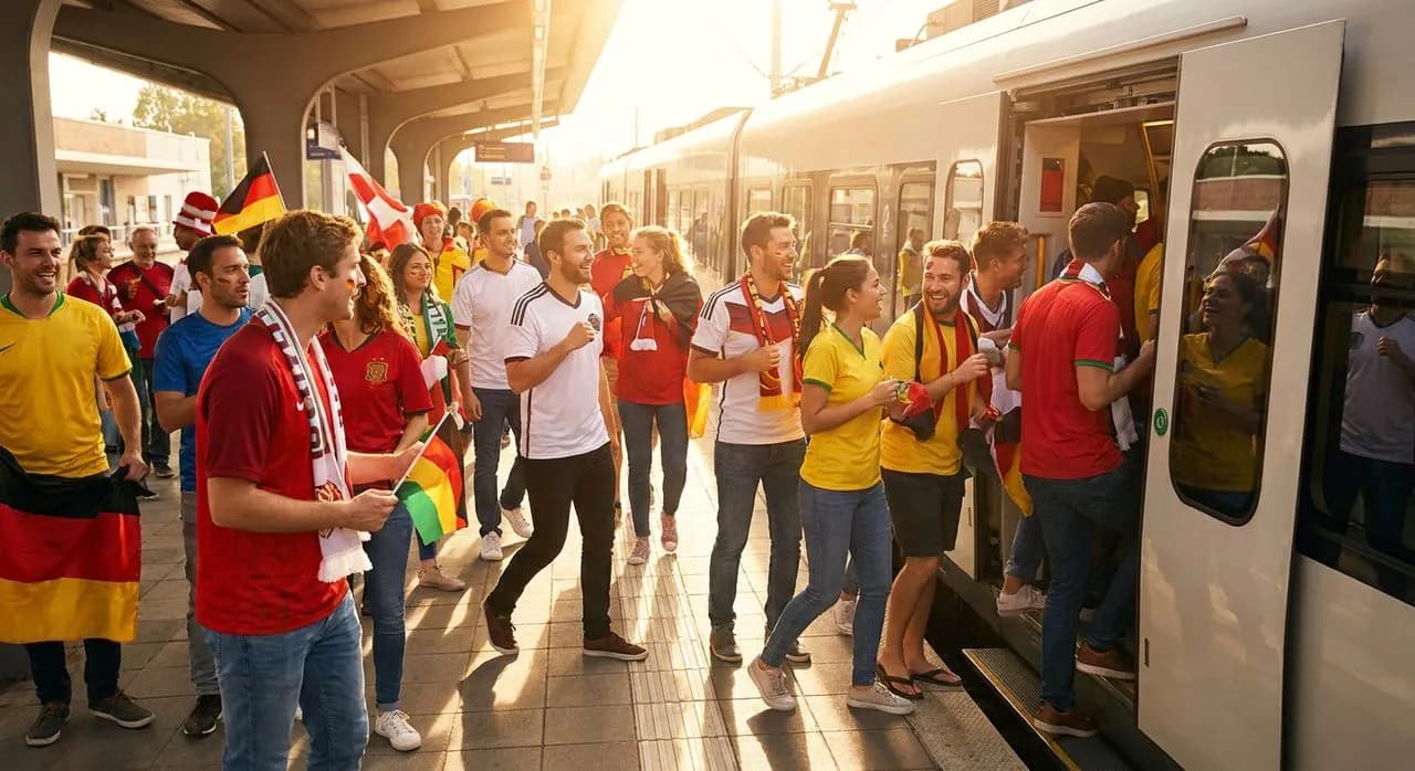 Excited fans in national team jerseys stepping onto a sunlit train, smiles and flags visible in warm natural light