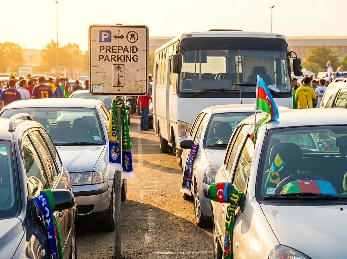 Prepaid parking sign beside rows of parked cars in a sunny lot, vivid daylight and cheerful match-day atmosphere