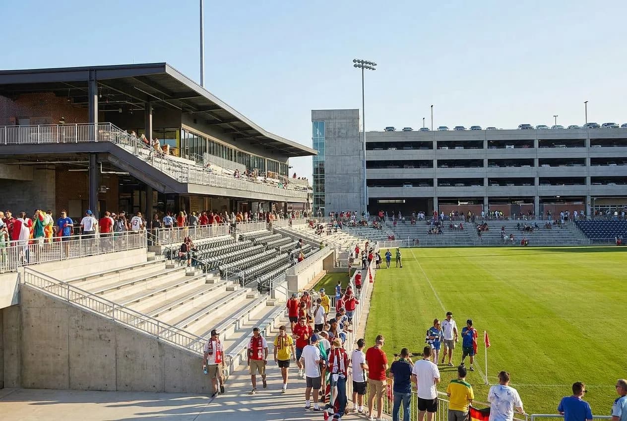 Modern stadium exterior with adjacent multi-level parking deck under clear blue sky, bright and welcoming World Cup scene