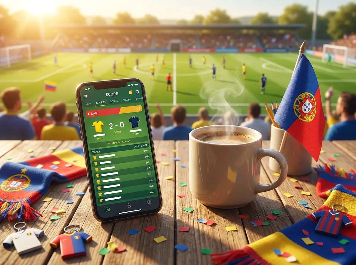 A bright tabletop with a smartphone displaying a live sports score beside a steaming coffee cup and a small national flag in warm natural sunlight