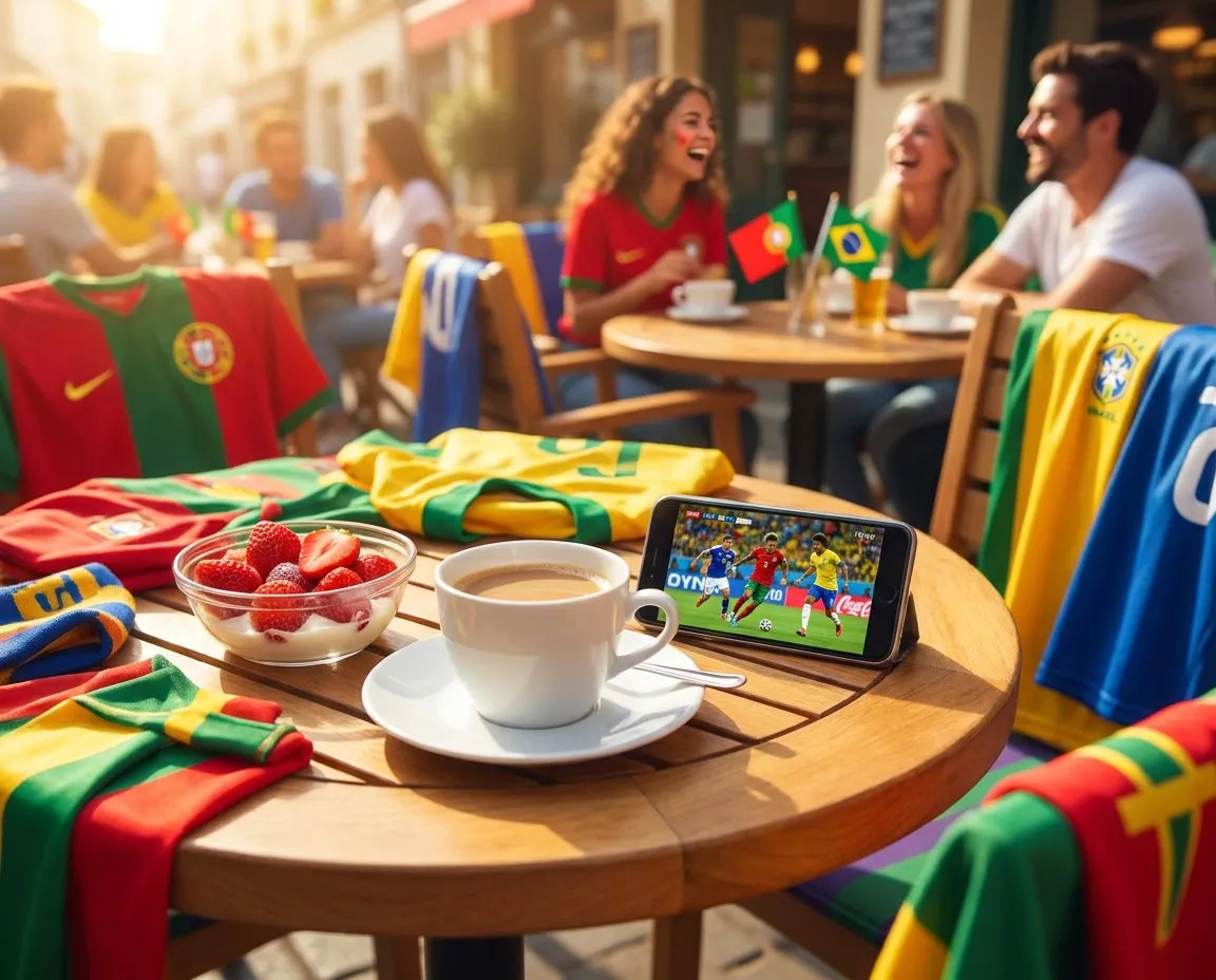 A cheerful café interior with a smartphone propped against a cup showing a match scoreboard in warm afternoon light with festive scarves visible