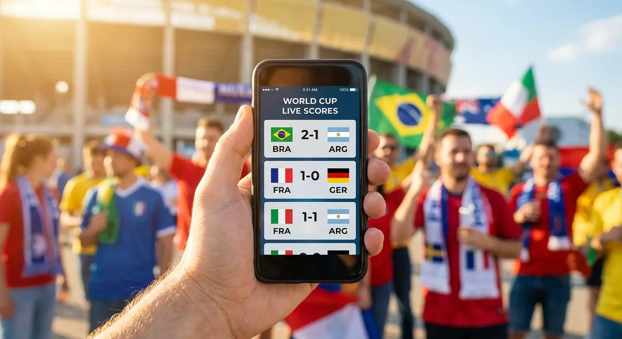 A hand holding a smartphone with a live scoreboard screen outside a sunlit stadium concourse with colorful flags in the background