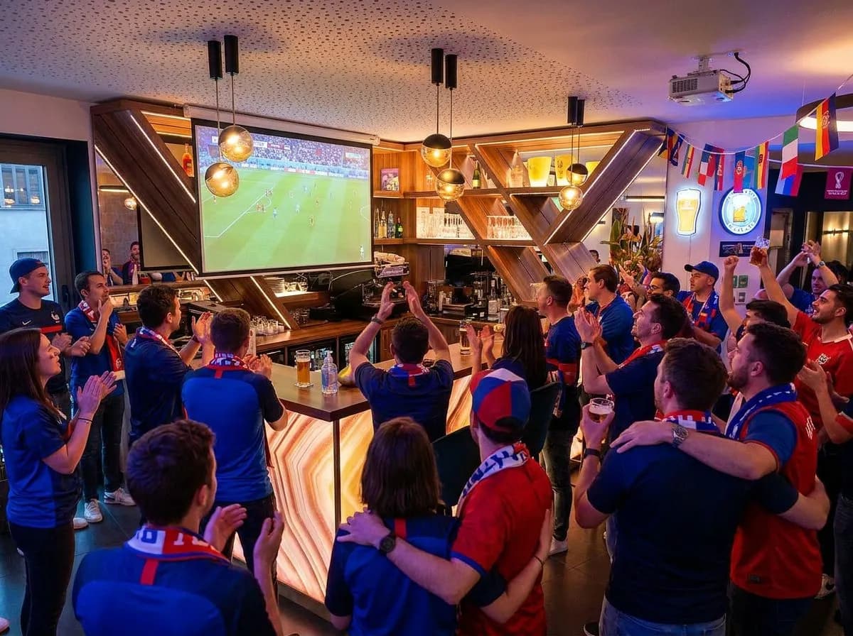 A warm, lively Boston sports bar interior at night with fans in blue and red colors watching a big screen together, glowing lights, festive and bright, celebratory shared-viewing energy