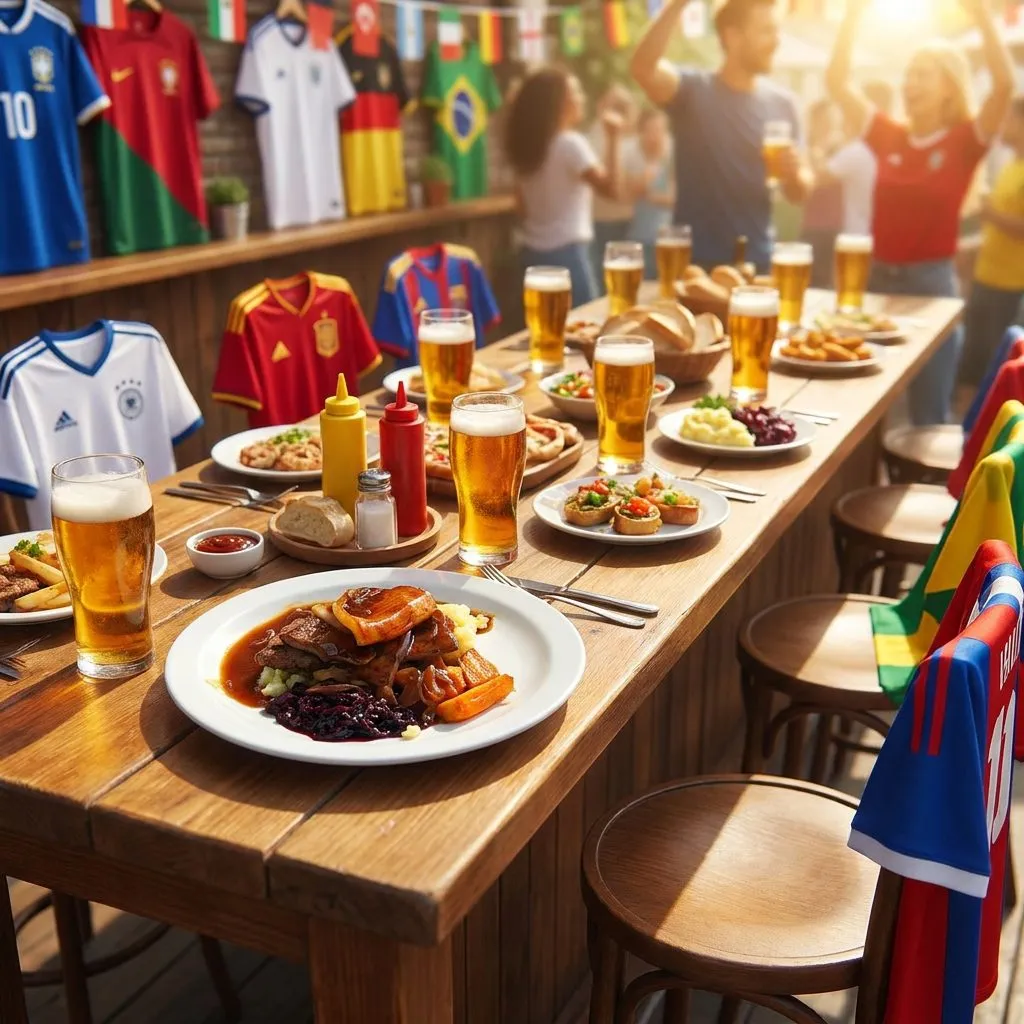 Beers and shared plates on a wooden bar table under warm inviting light, appetizing and cozy, casual celebration