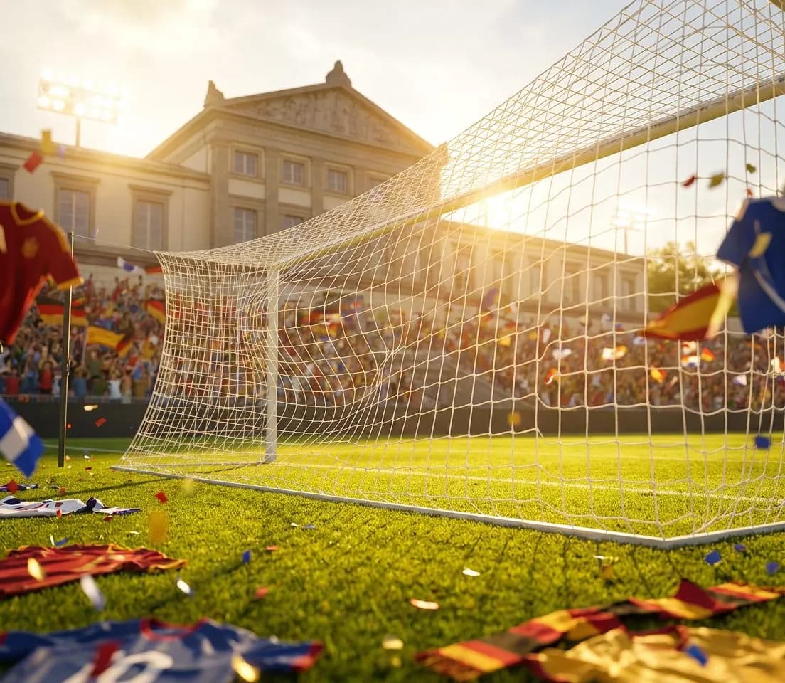 A soccer net rippling as the ball strikes home under bright stadium lights, capturing the decisive moment of a World Cup quarterfinal goal