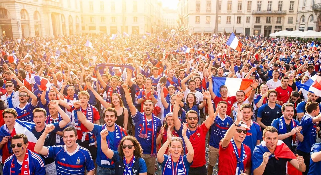 Fans in French blue and Moroccan red celebrating together in warm daylight, scarves raised in the air during a quarterfinal match