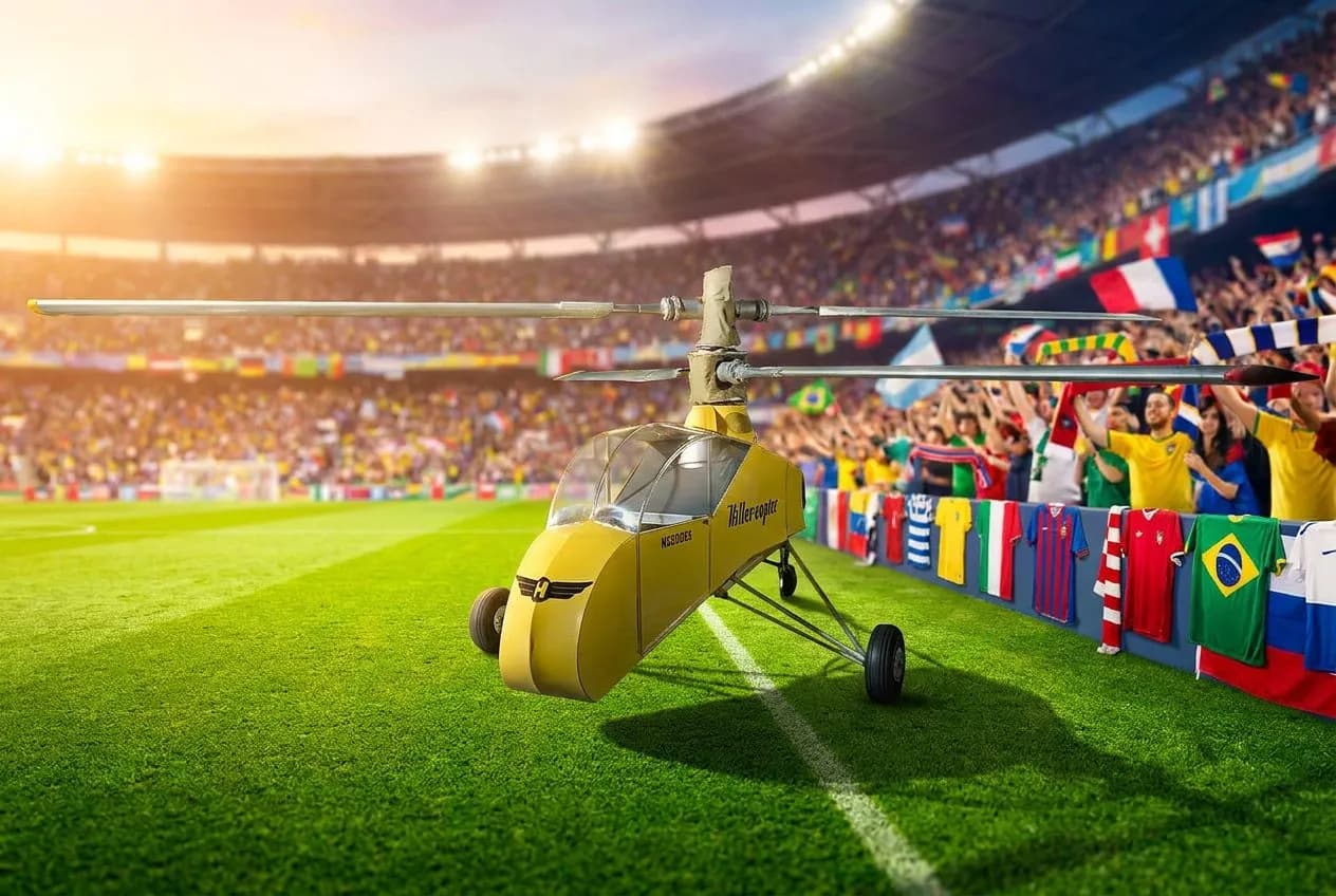 A floodlit World Cup stadium pitch glowing under evening sky with vibrant atmosphere and colorful supporter accents