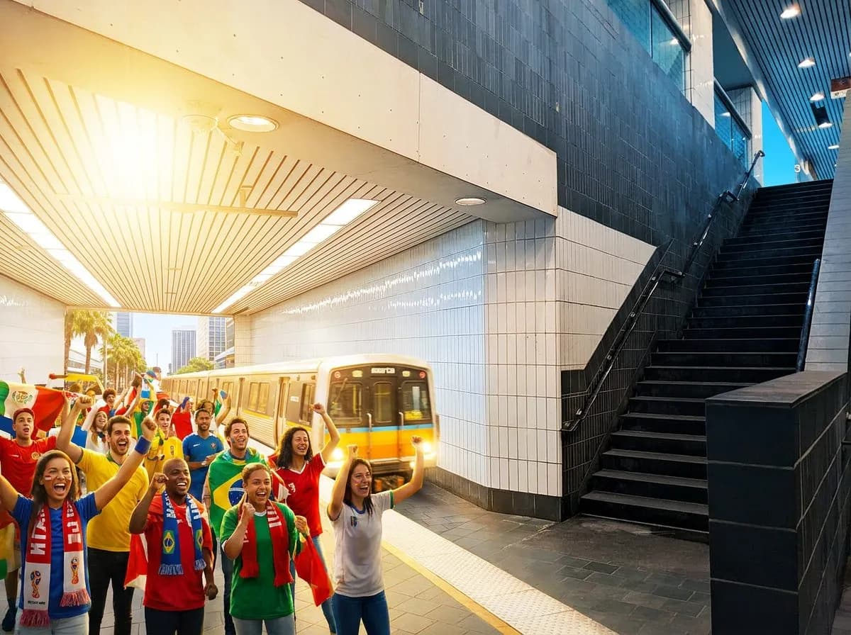 A bright MARTA train pulling into a sunny downtown platform crowded with fans wearing colorful jerseys and scarves, natural daylight streaming through the station