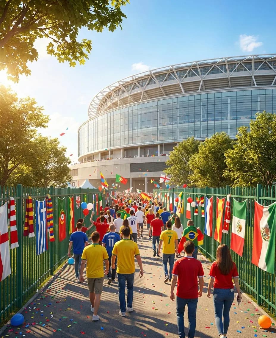 A wide pedestrian walkway lined with trees leading toward a gleaming modern stadium under clear blue sky, fans strolling in bright sunlight