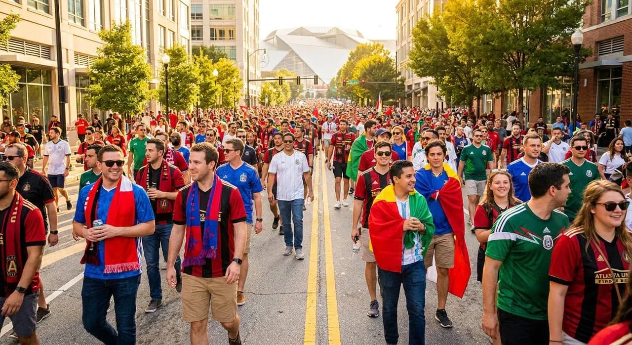 Downtown Atlanta street scene in daylight with groups of fans in national team colors walking along wide sidewalks toward the stadium district