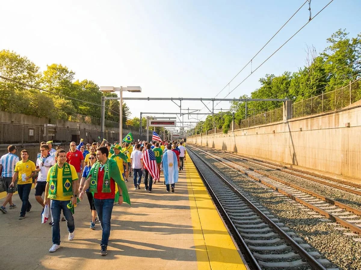A Boston commuter rail platform in bright light with fans heading out