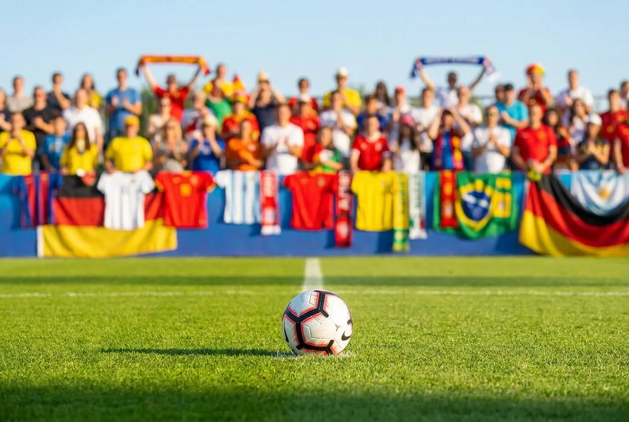 A lone soccer ball resting in a sunlit penalty area under bright stadium lights, with colorful scarves and flags softly blurred in the background.