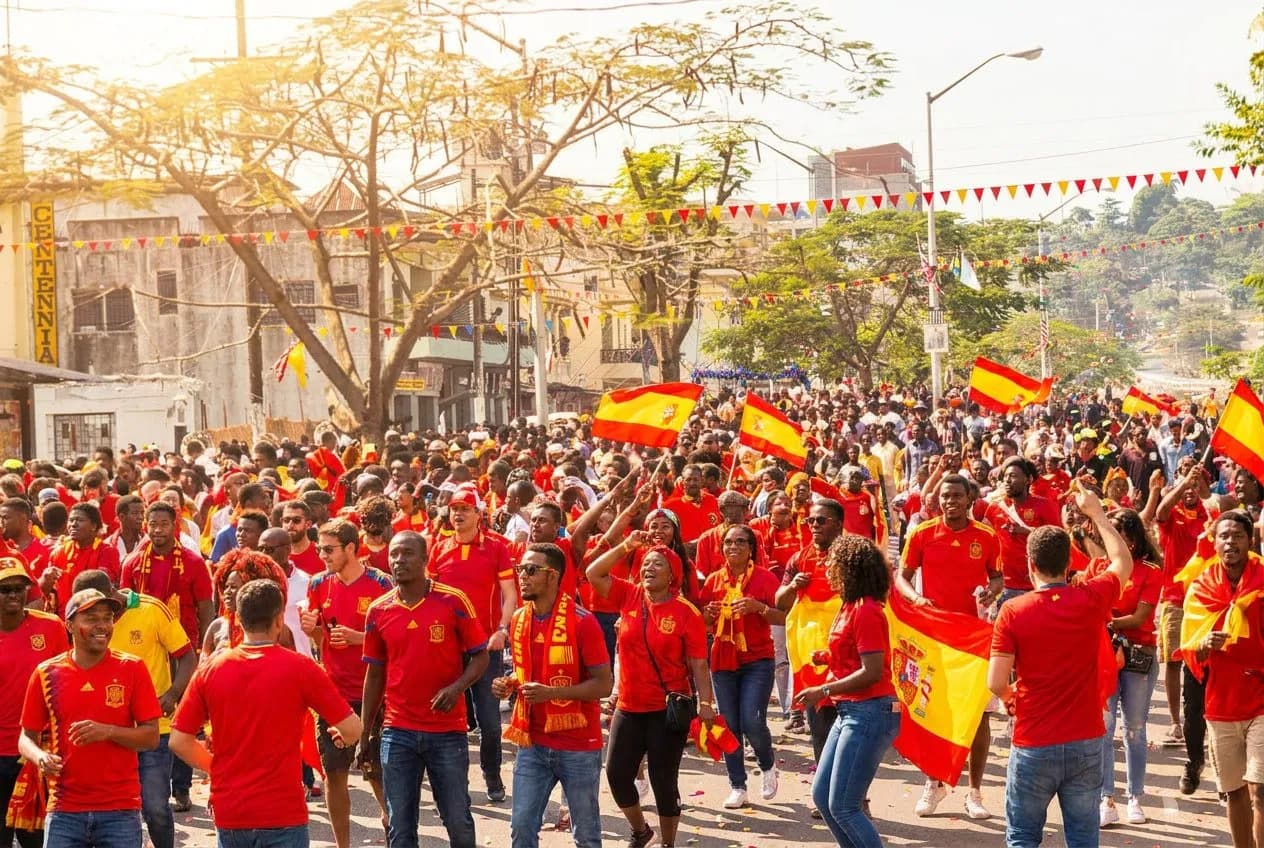Fans draped in red and red-yellow colors celebrating in bright sunshine, festive scarves and flags adding vivid energy to the scene.
