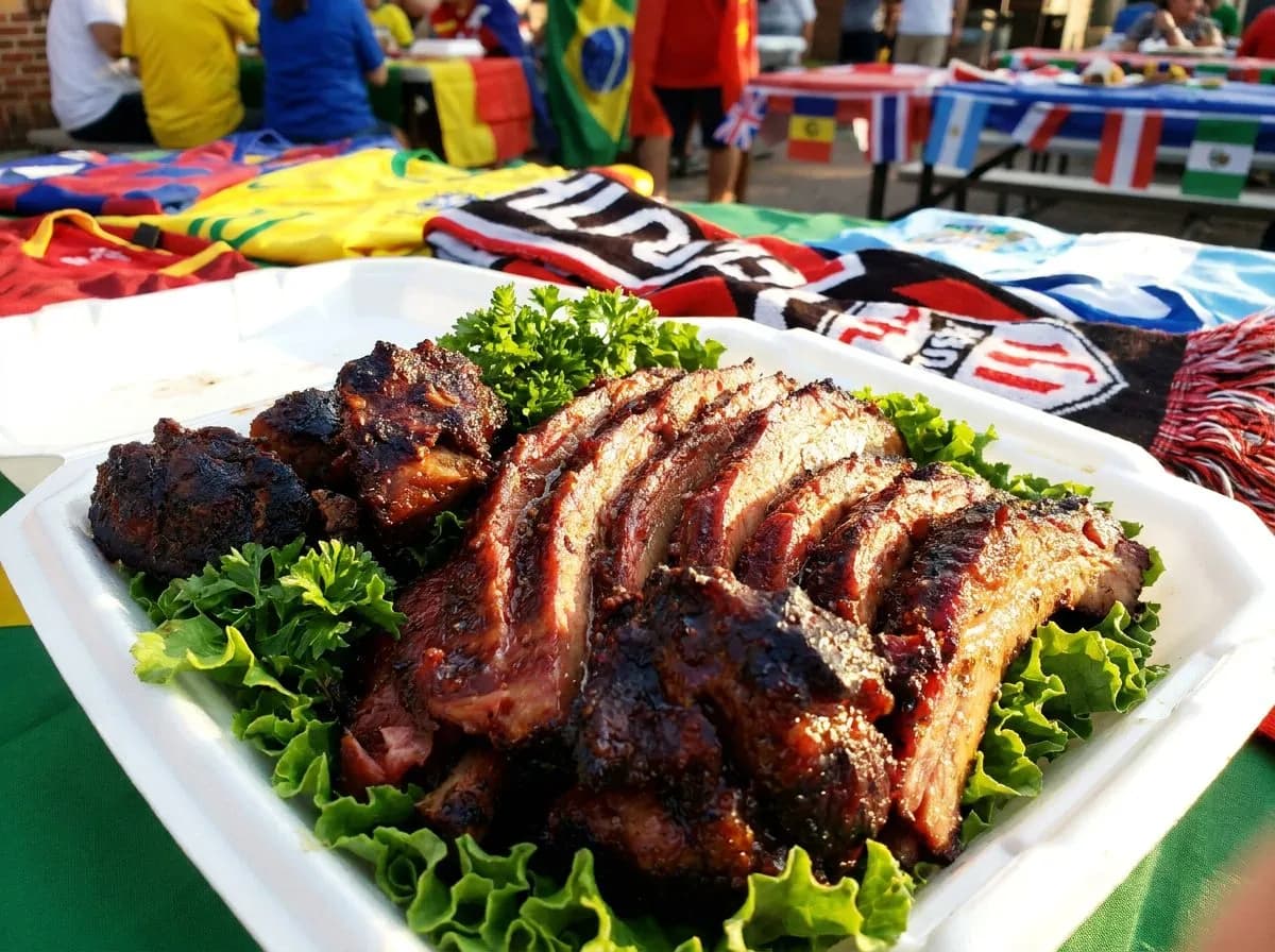 A close-up Kansas City barbecue spread of burnt ends and ribs under warm appetizing light, with colorful World Cup scarves draped casually nearby