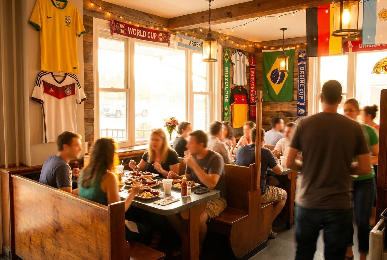 A warm inviting barbecue joint interior glowing in the evening, filled with lively diners and festive jerseys hanging on wood-paneled walls