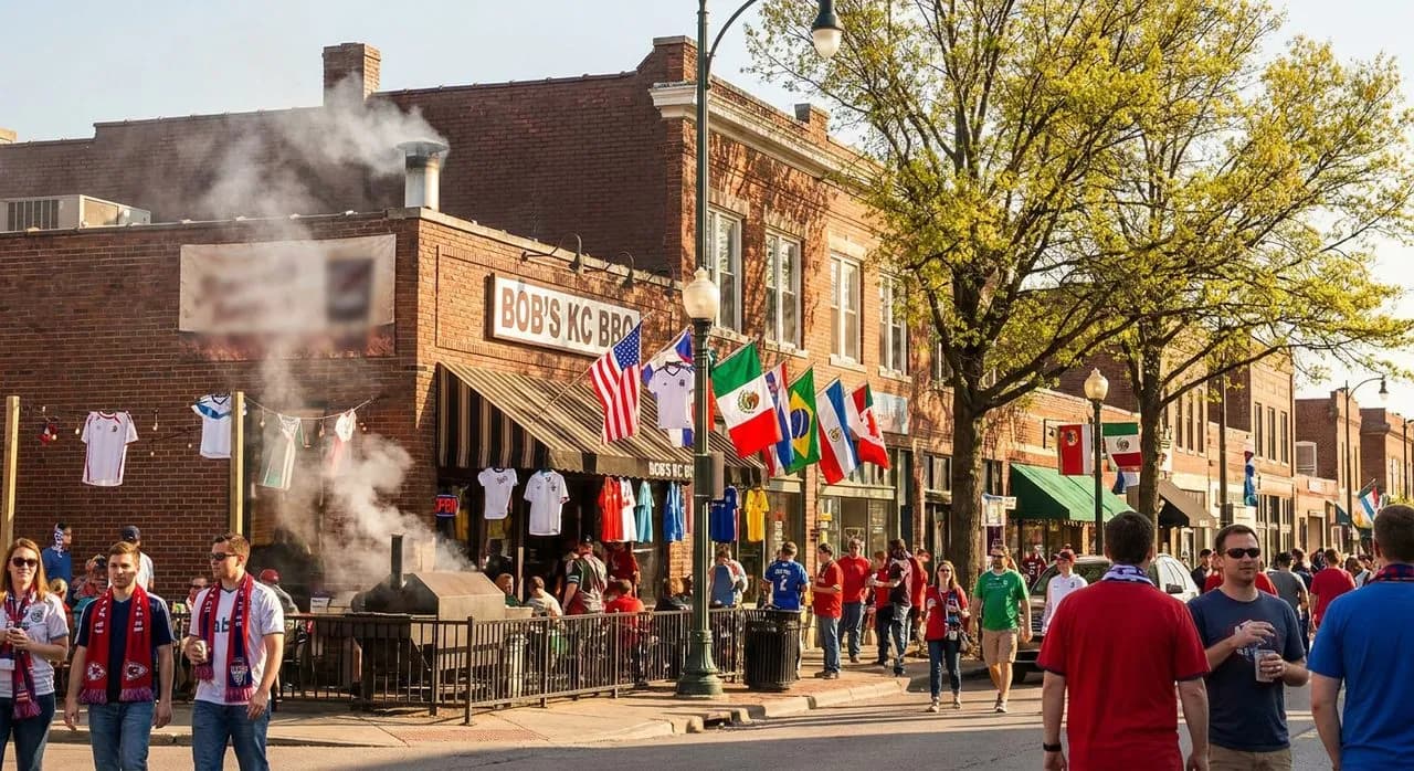 A sunny Kansas City street scene with a smoky barbecue storefront, bright sidewalk tables, and a cheerful flag banner overhead