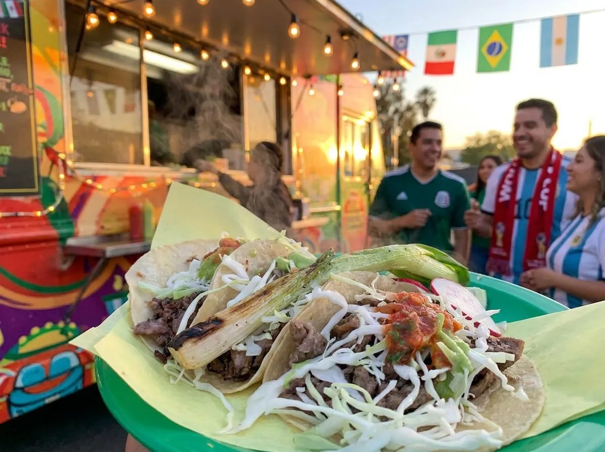 A vibrant LA taco truck glowing under warm string lights at dusk, steam rising from the grill, with colorful pennants and a festive evening crowd gathering nearby