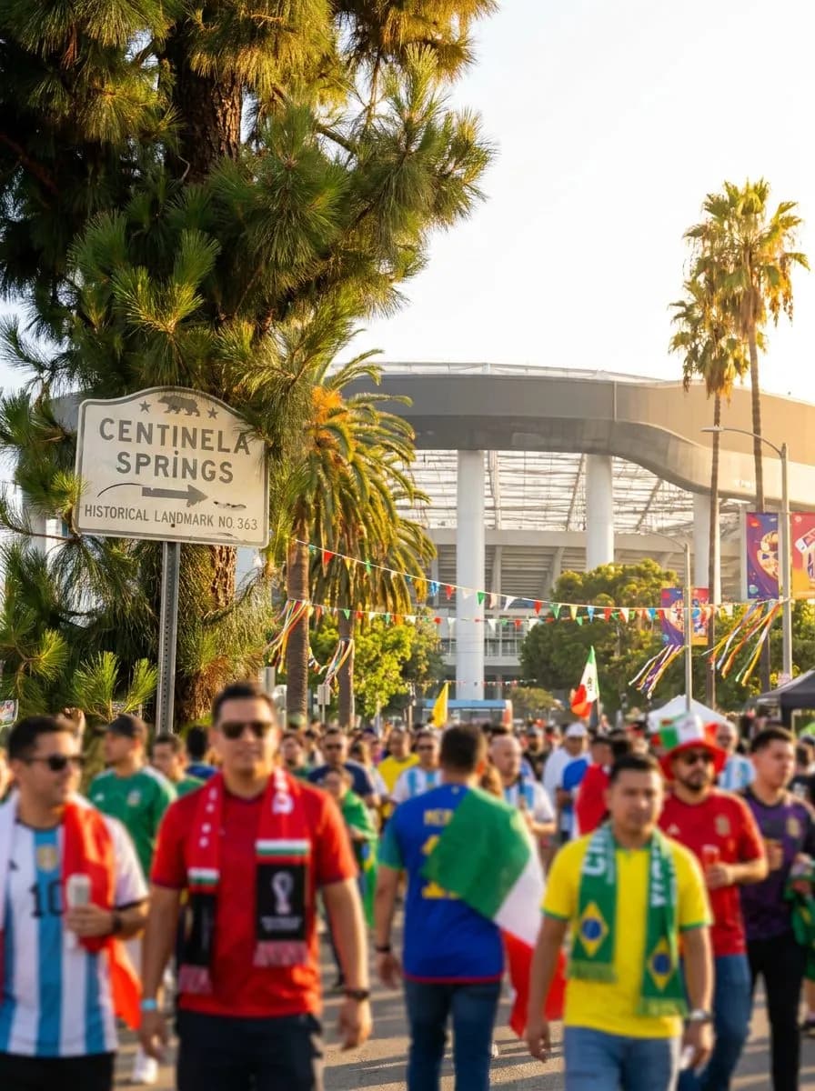 A lively Inglewood street corner bathed in golden evening light, palm trees silhouetted against the sky, with pedestrians and distant stadium lights visible