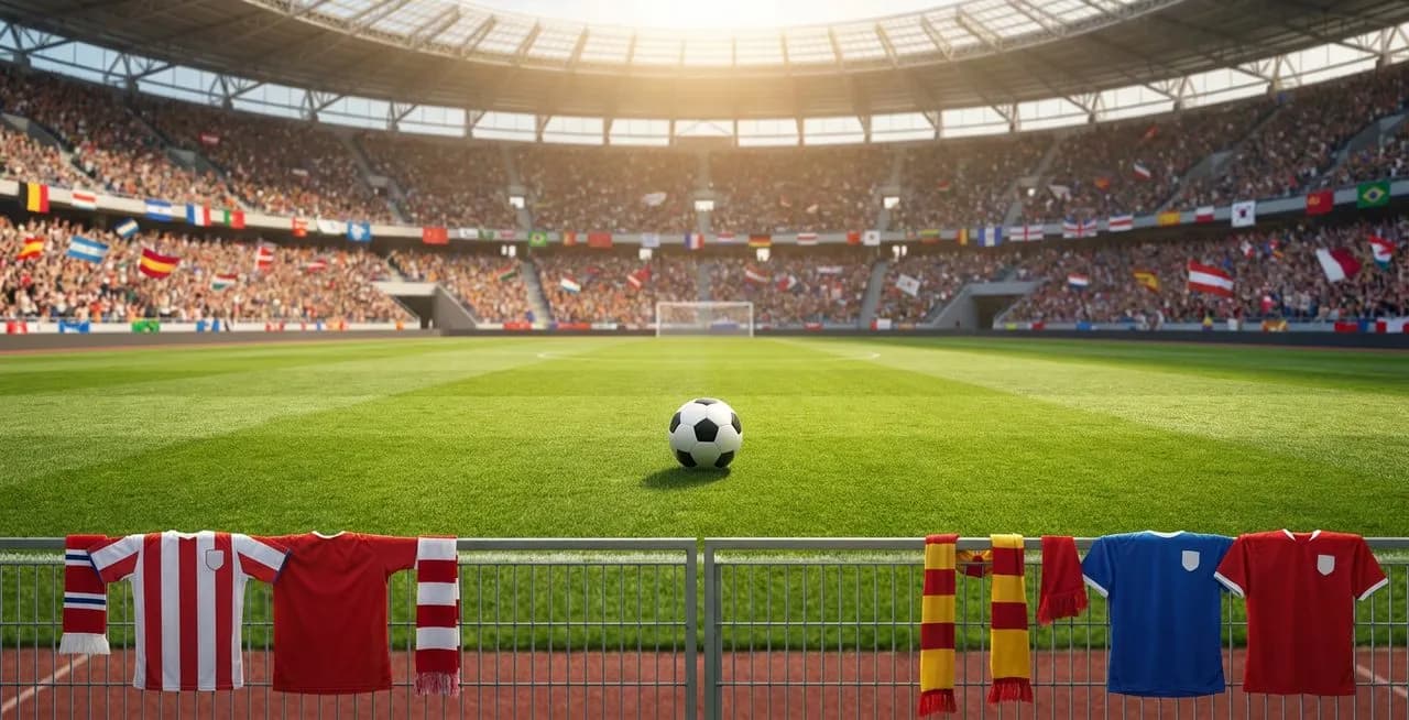 Empty stadium pitch under bright floodlights with a lone soccer ball resting on pristine grass, evoking anticipation and quiet intensity before a major World Cup semifinal match