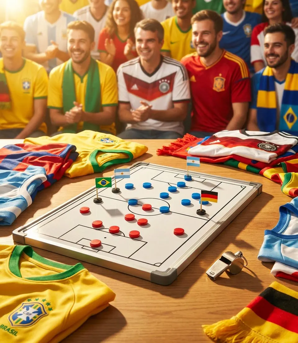 Tactics board with colorful magnets arranged in formation and a coach's whistle on a sunlit wooden table, capturing strategic planning and preparation