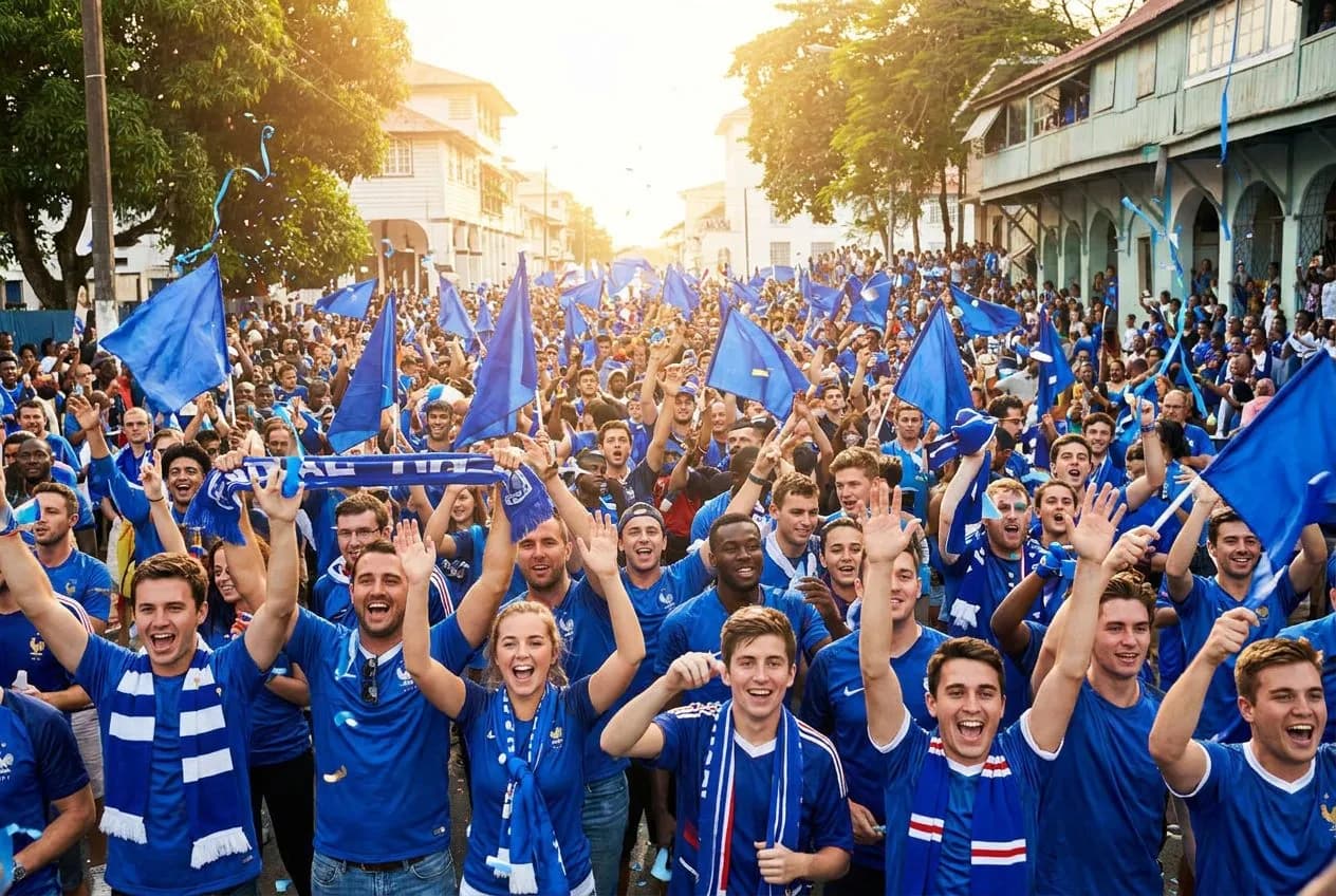Enthusiastic crowd of fans in blue jerseys waving French flags in bright daylight, celebrating with vivid energy and festive World Cup spirit
