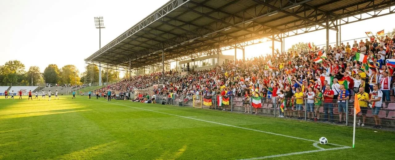 Bright stadium touchline scene with soccer ball under warm sunlight, festive World Cup atmosphere with colorful team scarves visible