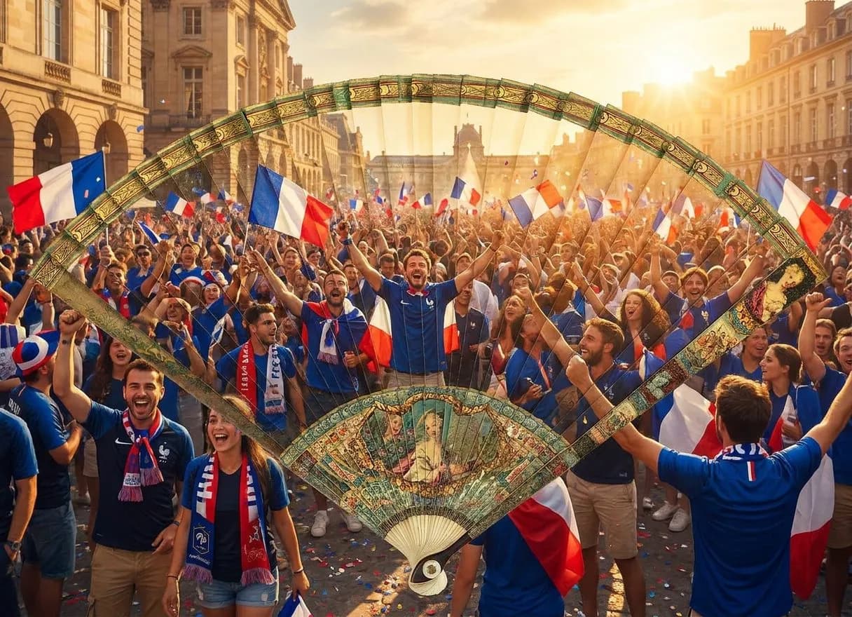 France supporters in blue jerseys celebrating joyfully in daylight with flags and scarves raised high