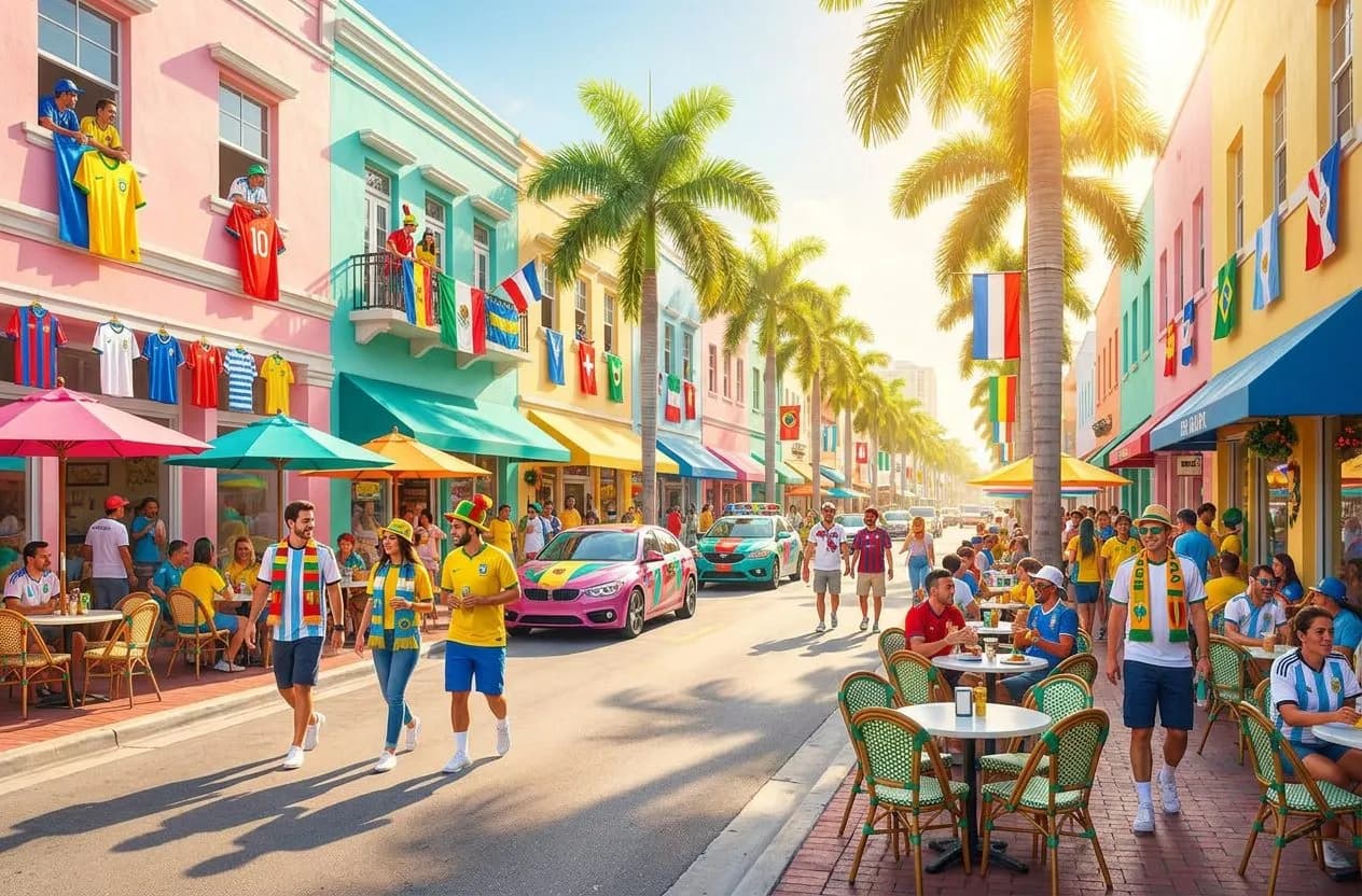 Sunlit pastel storefronts line a vibrant Little Havana street corner with outdoor cafe tables and colorful awnings under a bright Miami sky