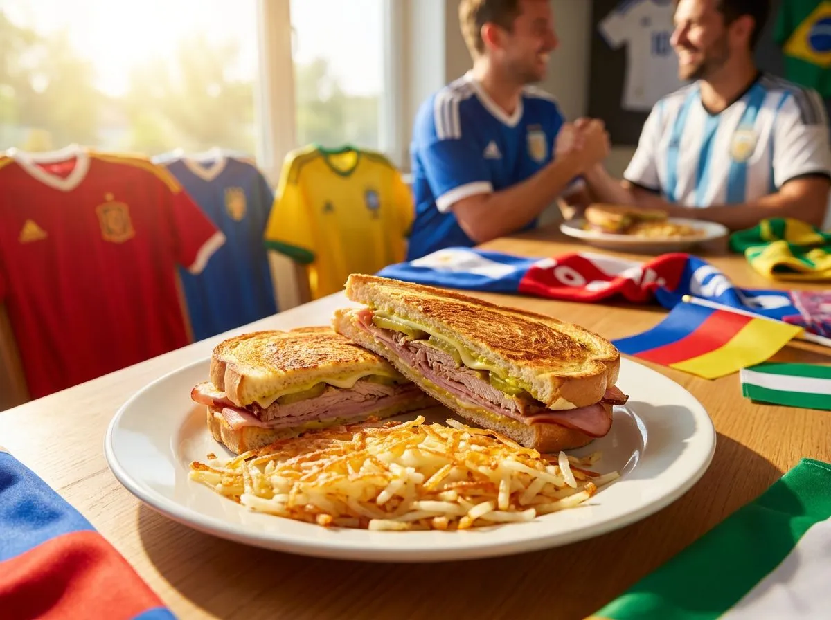 A pressed Cuban sandwich with layers of roast pork, ham, Swiss cheese, and pickles rests on a white plate under inviting natural light