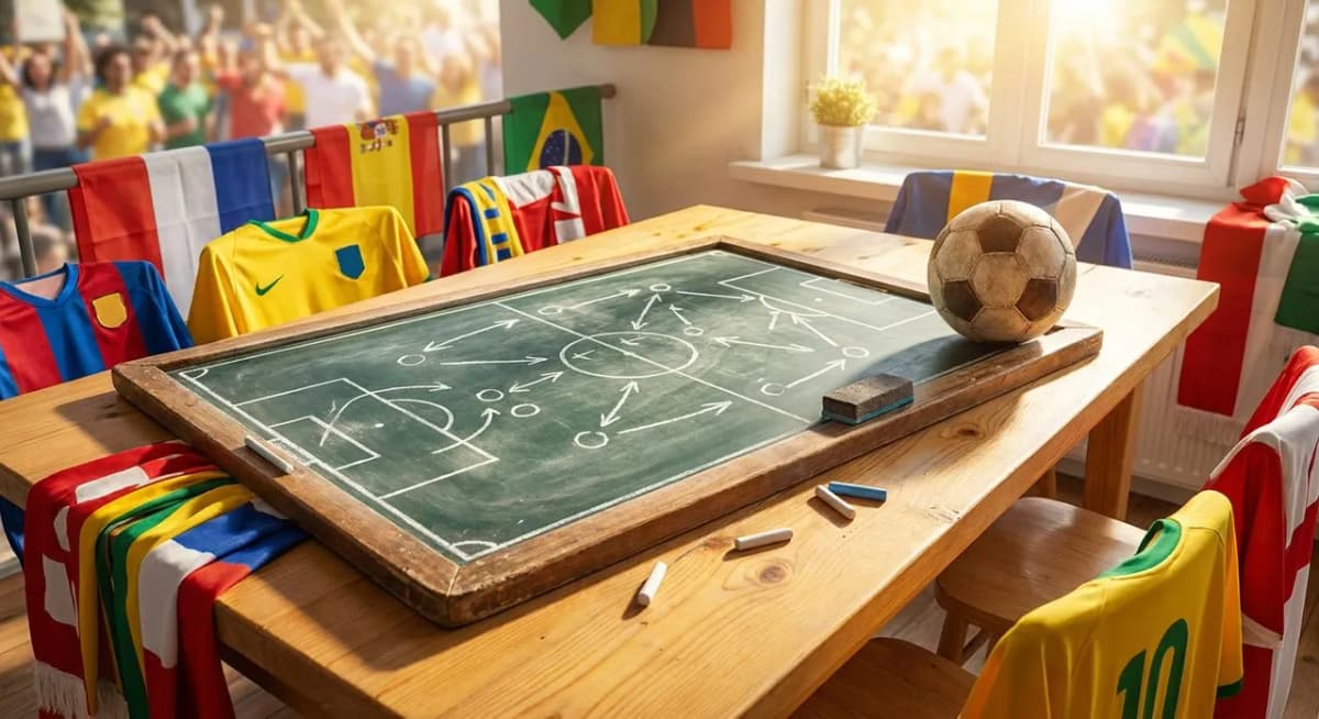 A tactics chalkboard with magnetic markers and arrows beside a soccer ball on a sunlit table, with blue and white scarves draped nearby in warm natural light