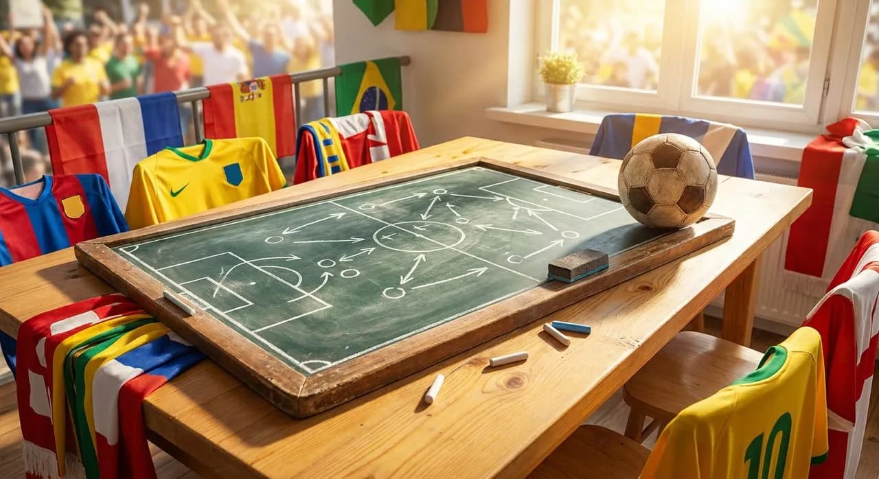 A tactics chalkboard with magnetic markers and arrows beside a soccer ball on a sunlit table, with blue and white scarves draped nearby in warm natural light