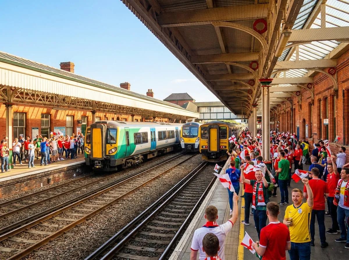 Sunlit Secaucus Junction platform crowded with fans in colorful jerseys transferring between trains under a clear blue sky, modern steel canopies overhead